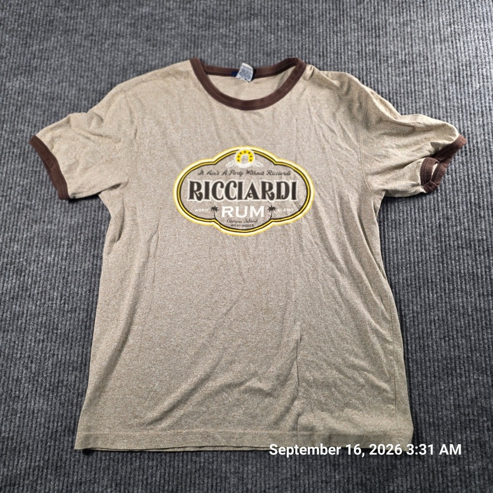 Old Navy Ricciardi Rum Graphic Ringer T-Shirt Mens Medium Tan Brown Antigua Rum
